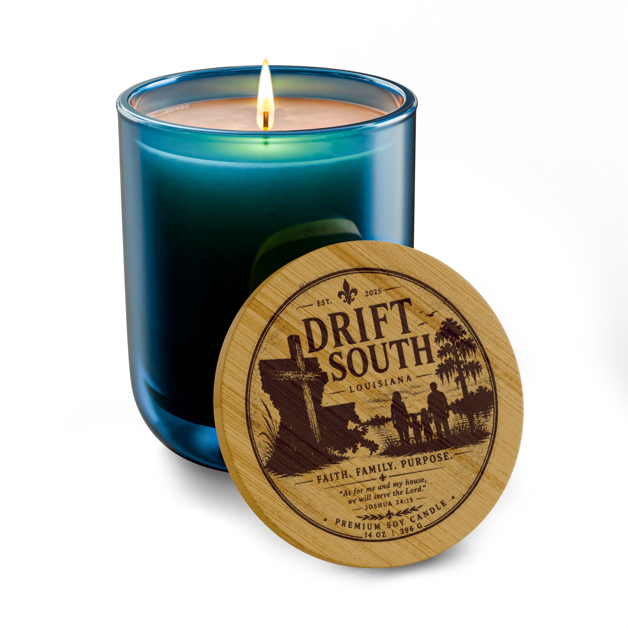 Drift South Engraved Soy Candle — 14oz Scented Candle with Wooden Lid