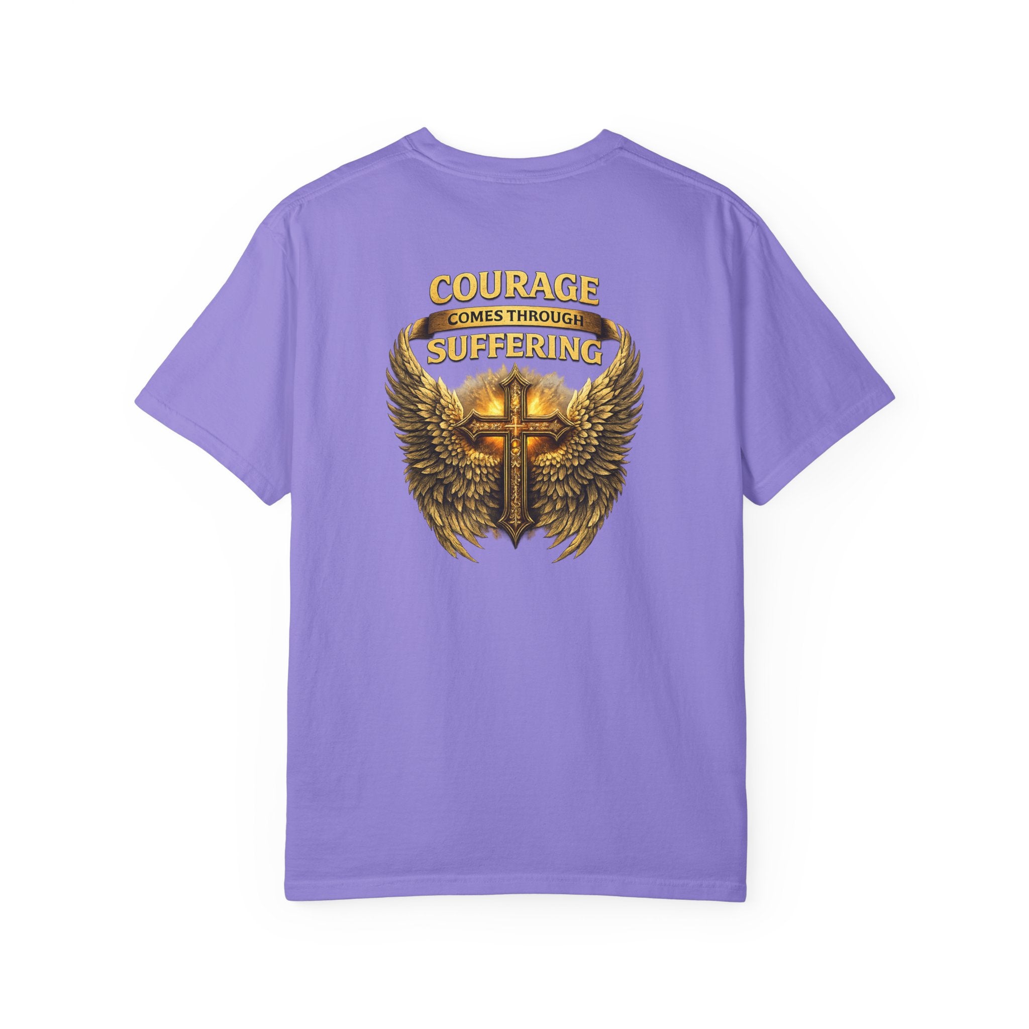 Courage Comes Through Suffering Christian Shirt – Cross & Angel Wings Tee