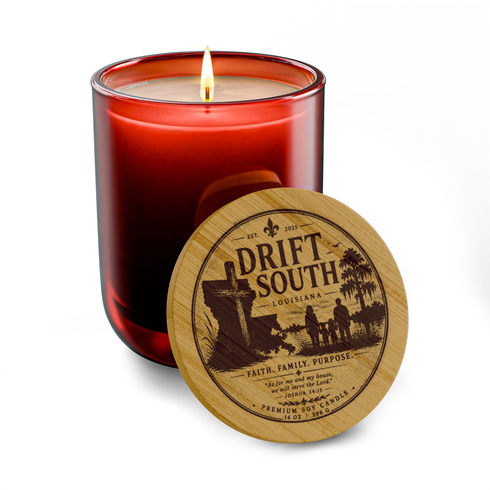 Drift South Engraved Soy Candle — 14oz Scented Candle with Wooden Lid