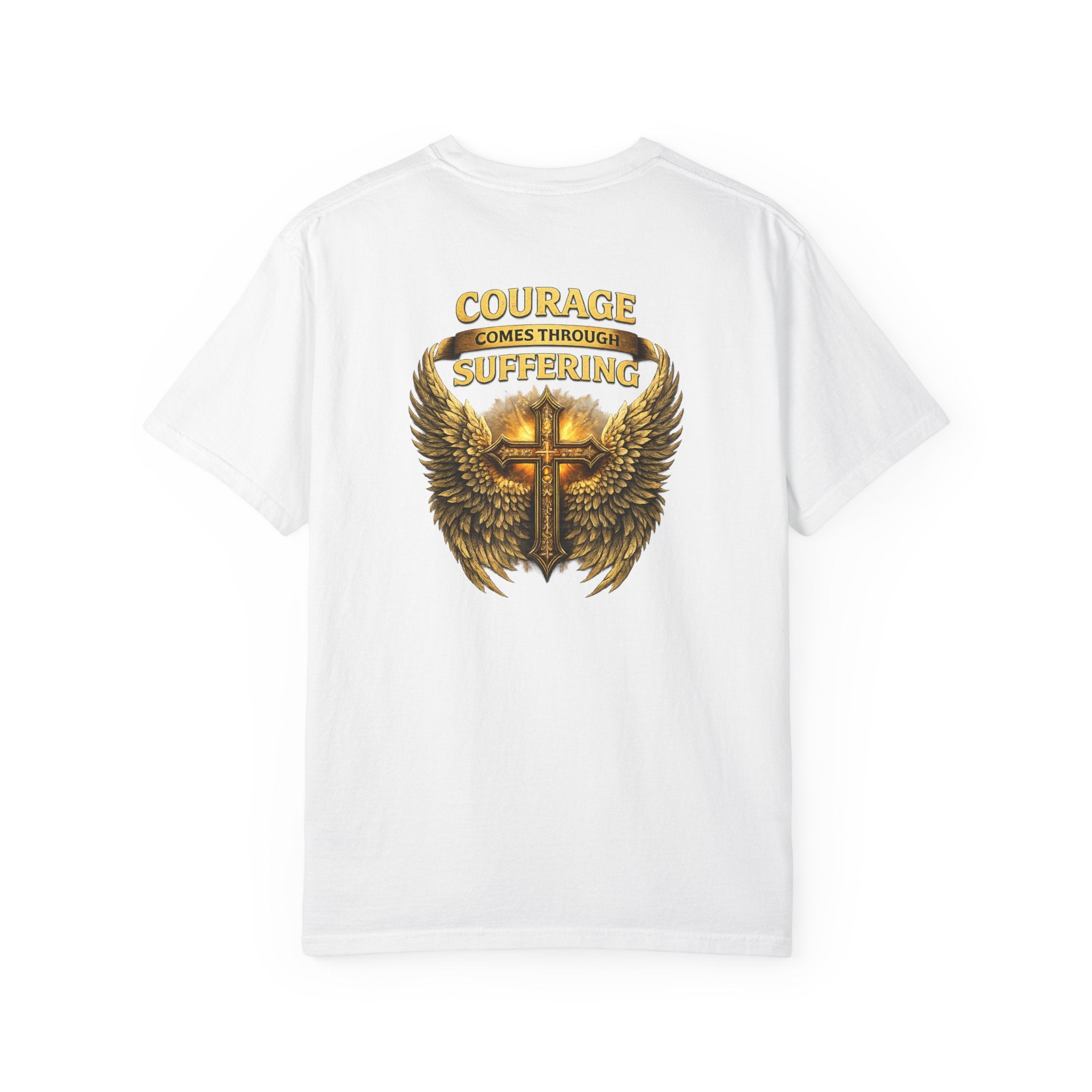 Courage Comes Through Suffering Christian Shirt – Cross & Angel Wings Tee