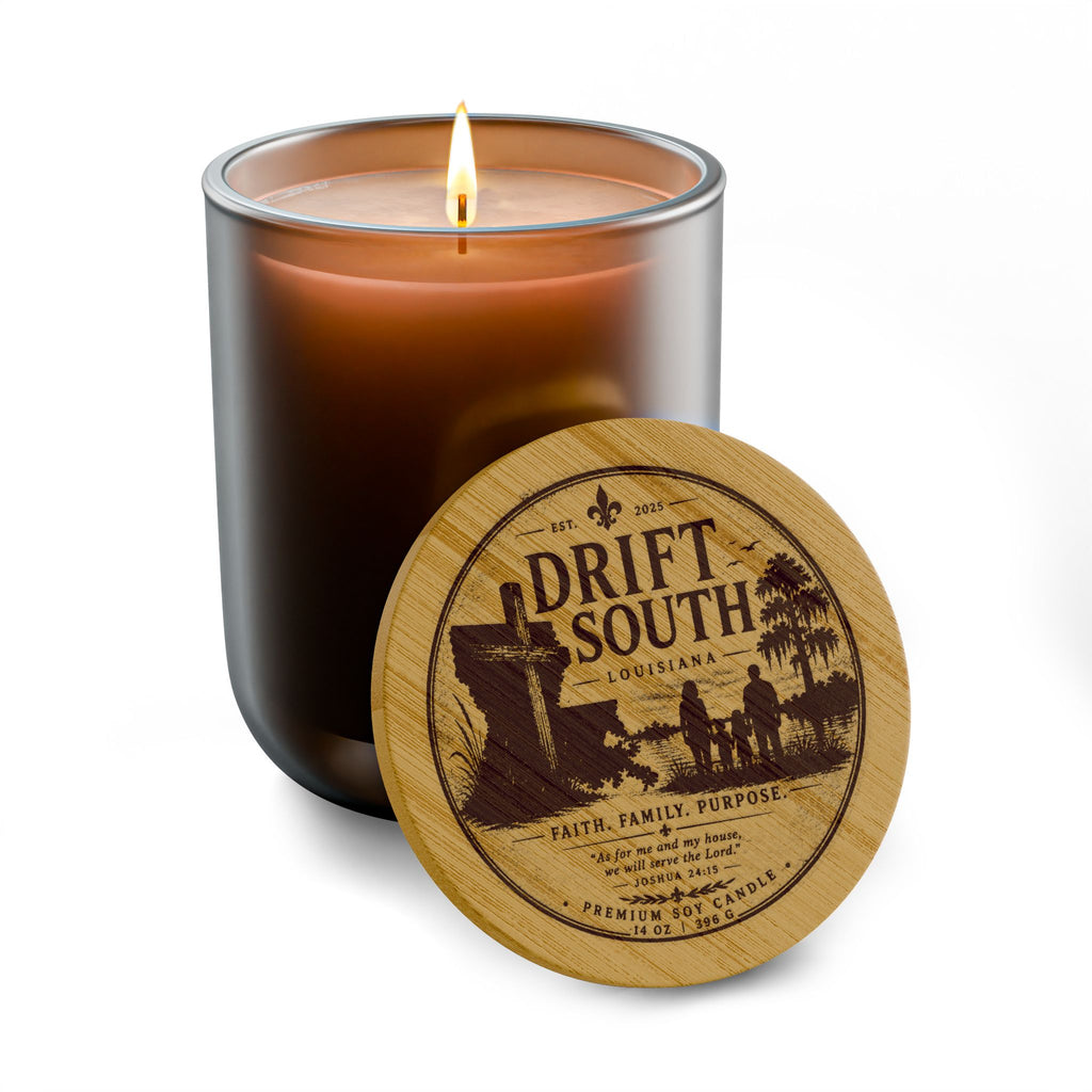 Drift South Engraved Soy Candle — 14oz Scented Candle with Wooden Lid