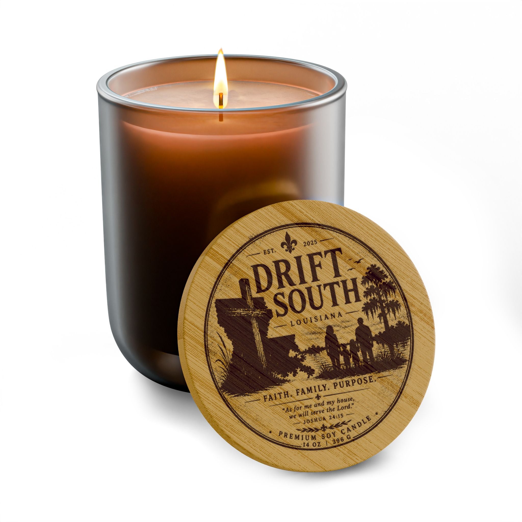 Drift South Engraved Soy Candle — 14oz Scented Candle with Wooden Lid