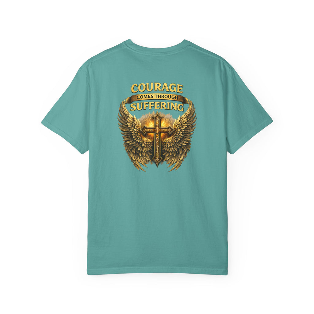 Courage Comes Through Suffering Christian Shirt – Cross & Angel Wings Tee