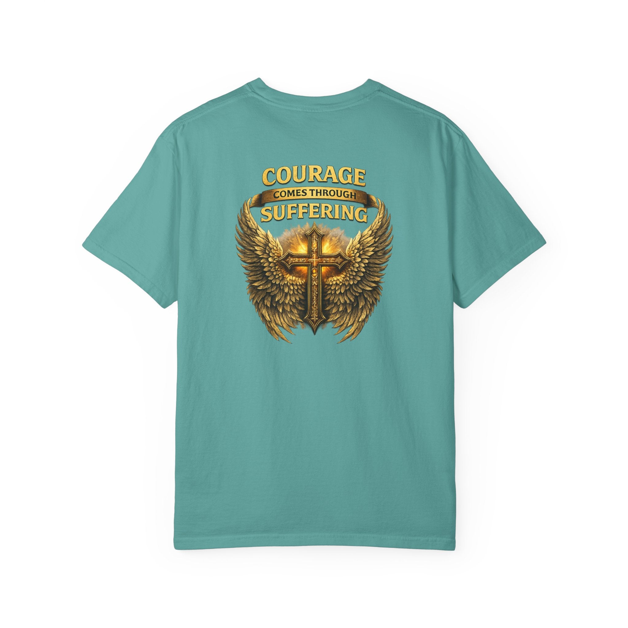 Courage Comes Through Suffering Christian Shirt – Cross & Angel Wings Tee