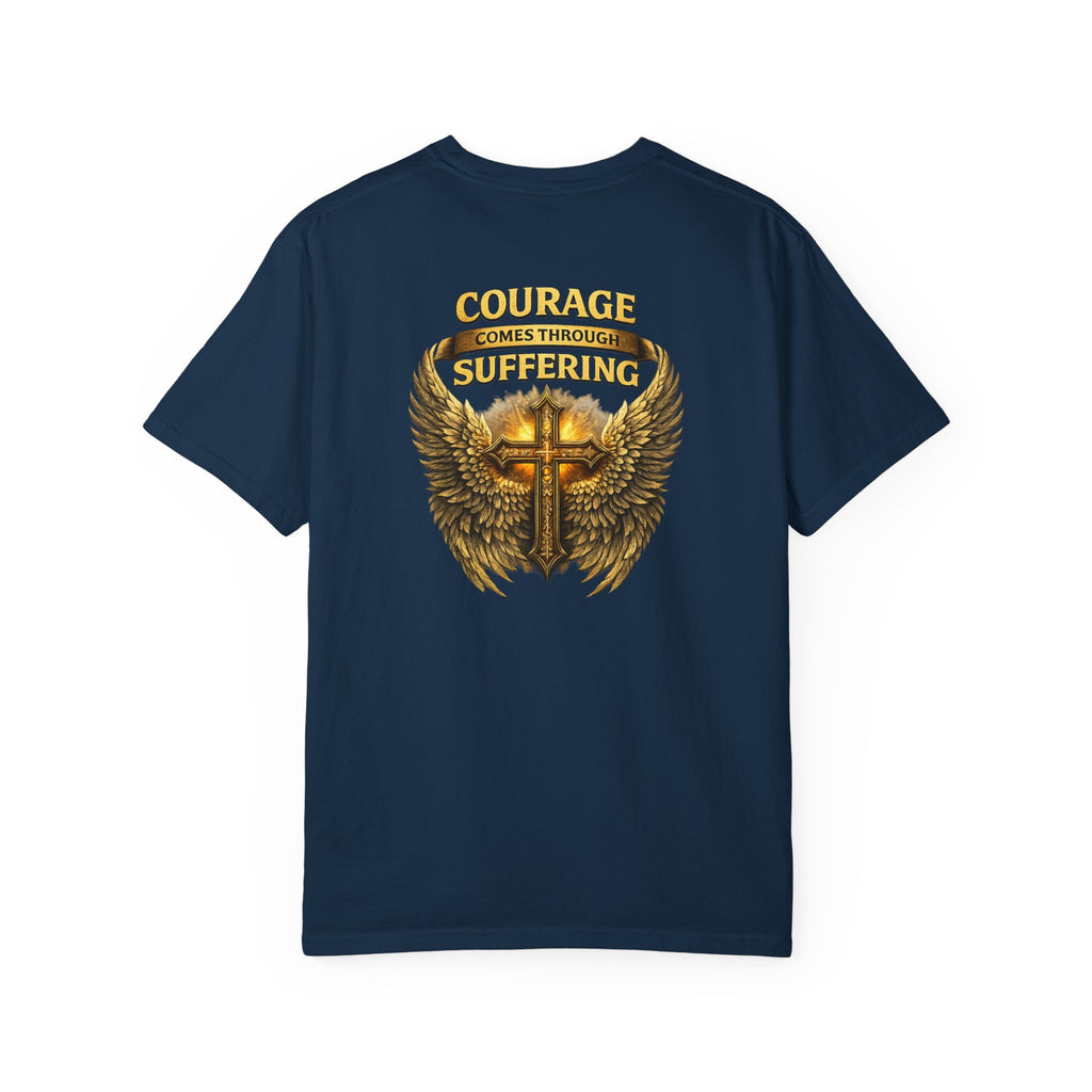 Courage Comes Through Suffering Christian Shirt – Cross & Angel Wings Tee