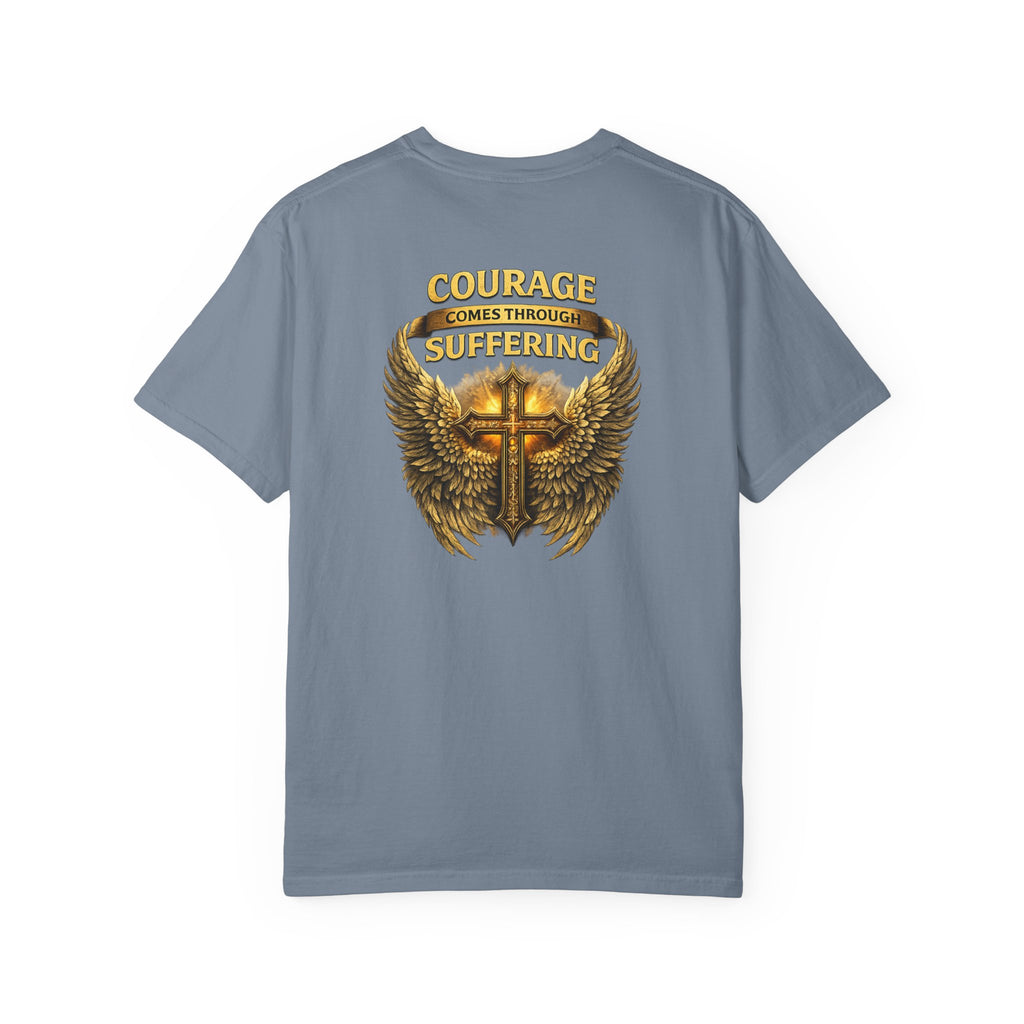 Courage Comes Through Suffering Christian Shirt – Cross & Angel Wings Tee