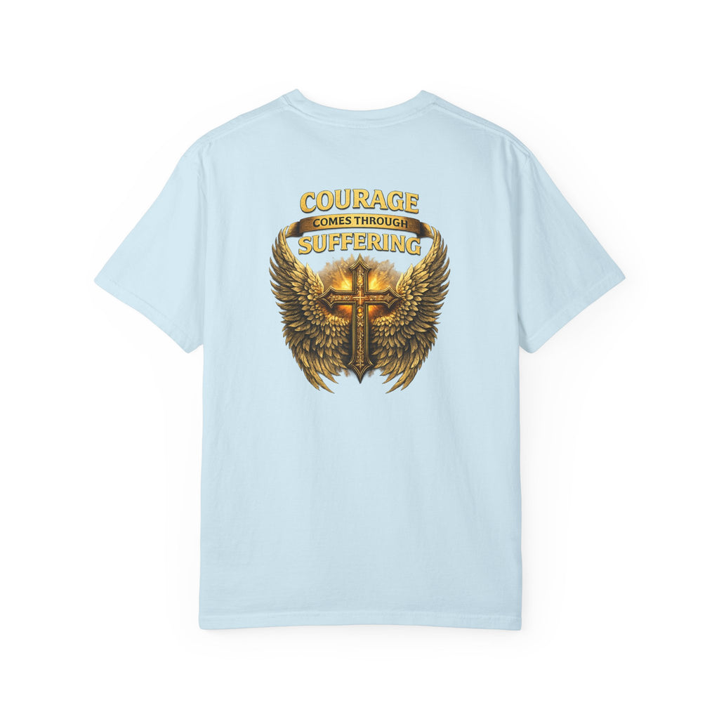 Courage Comes Through Suffering Christian Shirt – Cross & Angel Wings Tee
