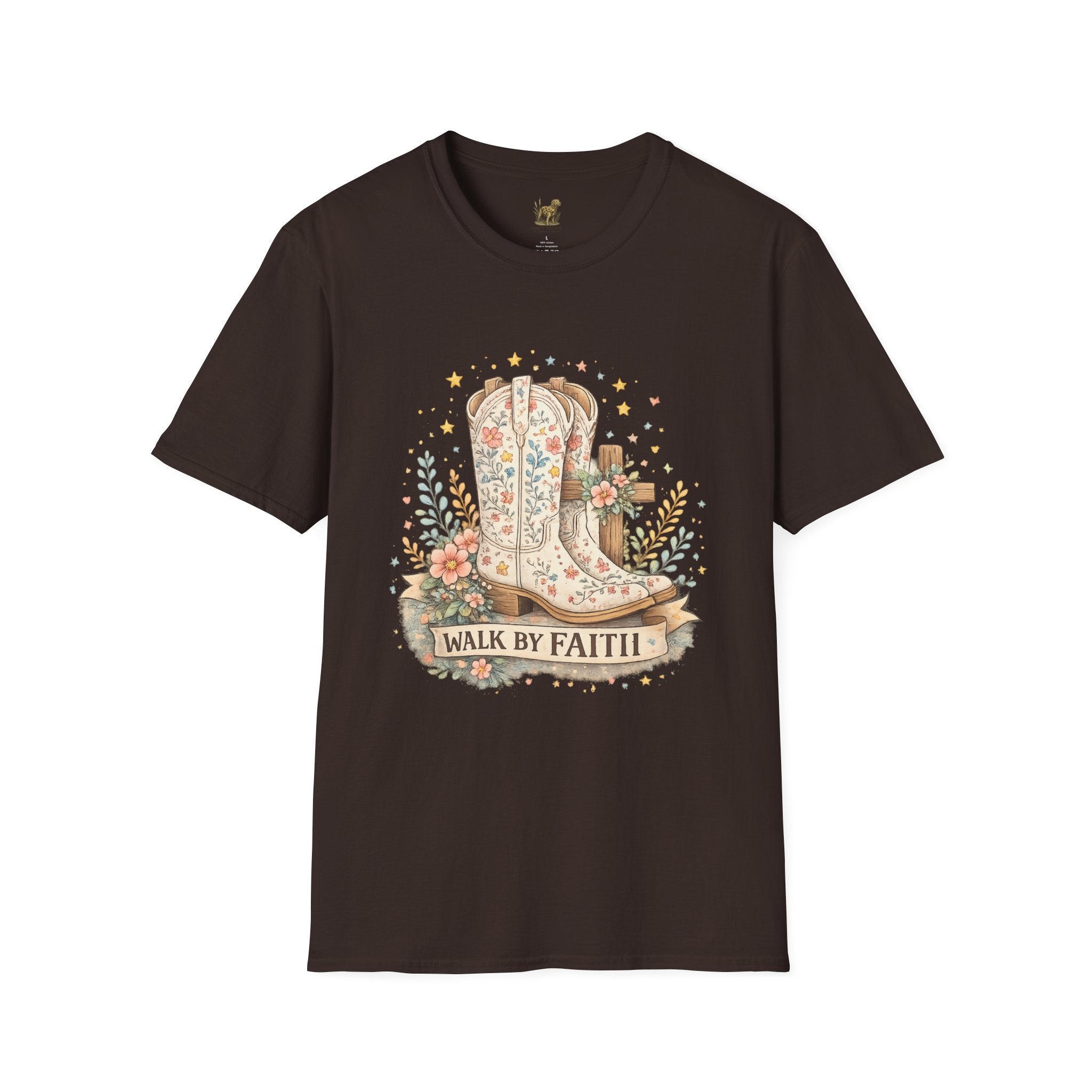 Faith Walk Graphic T-Shirt — Floral Cowboy Boots & Cross Design