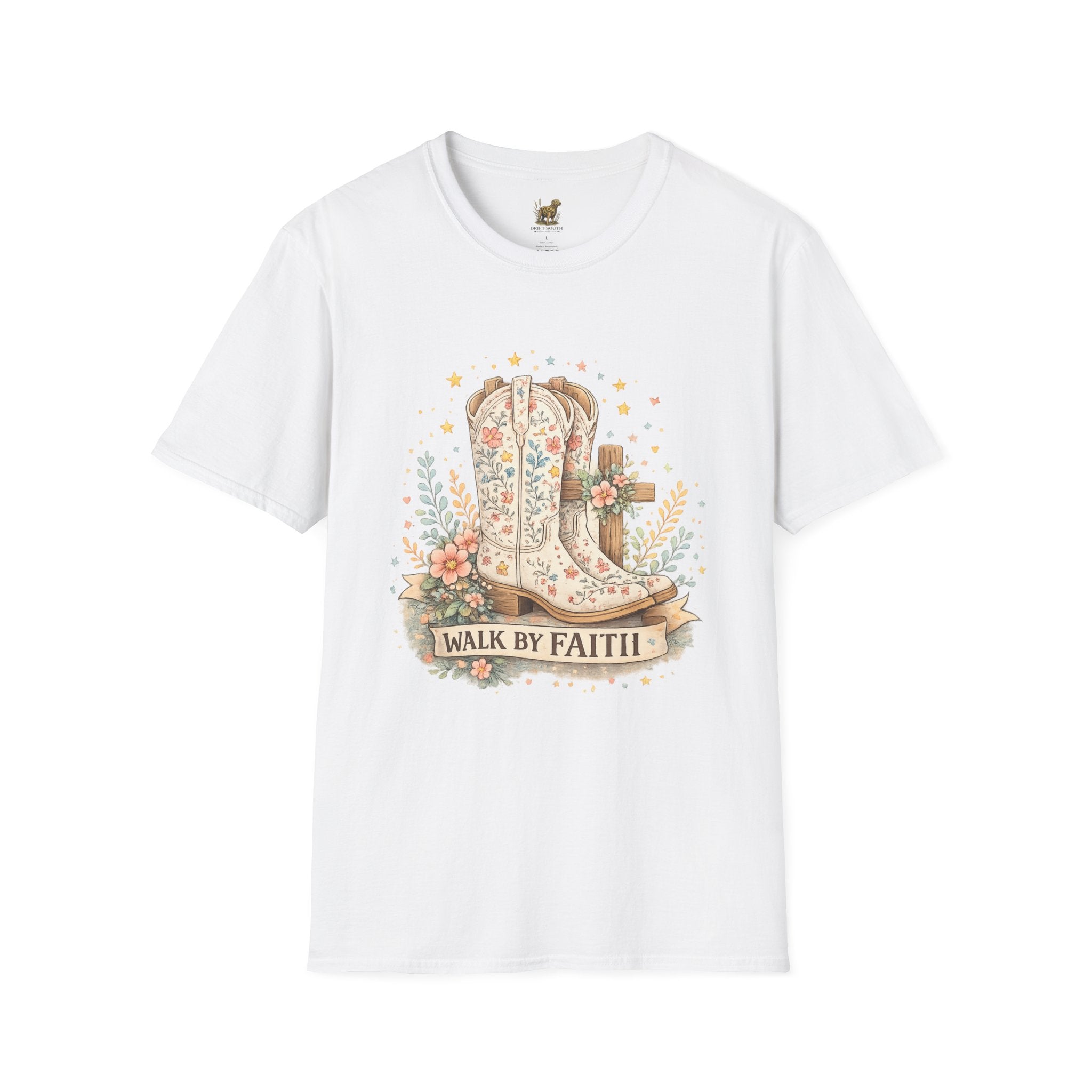 Faith Walk Graphic T-Shirt — Floral Cowboy Boots & Cross Design