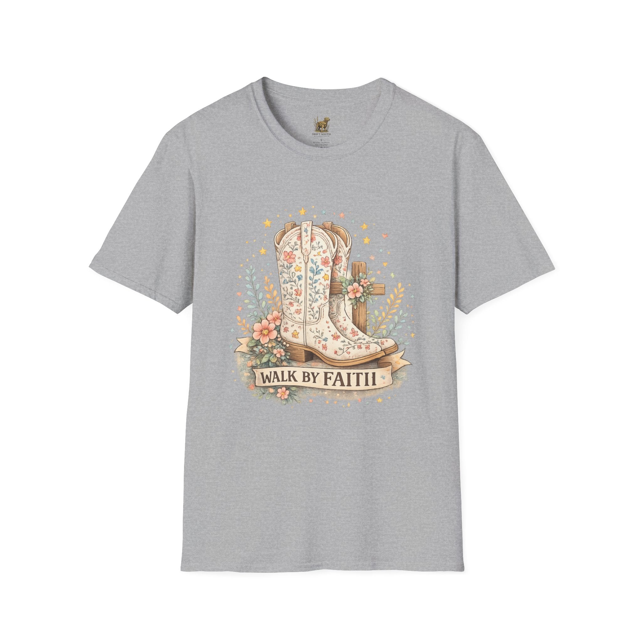 Faith Walk Graphic T-Shirt — Floral Cowboy Boots & Cross Design