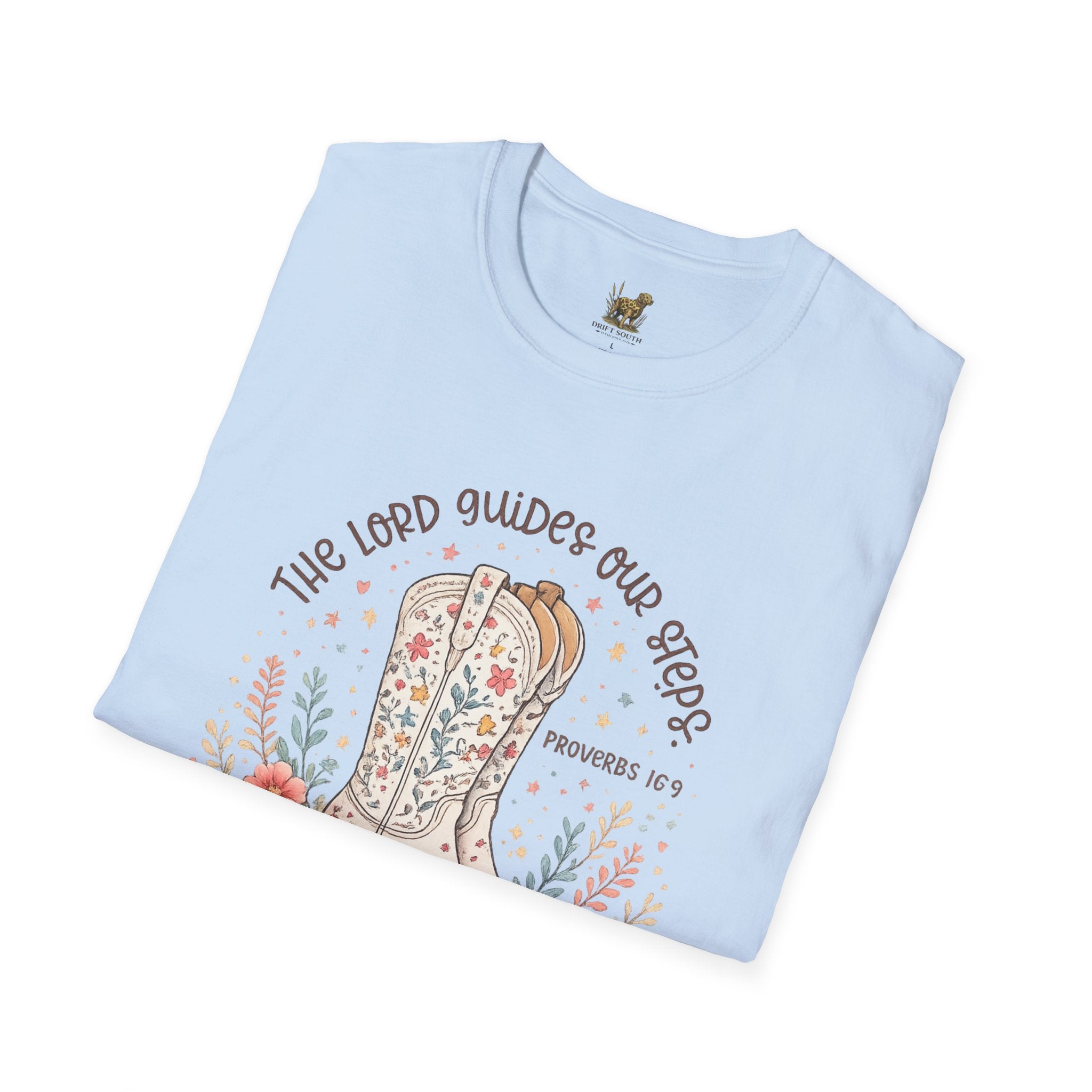 Christian Cowboy Boot T-Shirt — “The Lord Guides Our Steps” Floral Western Tee