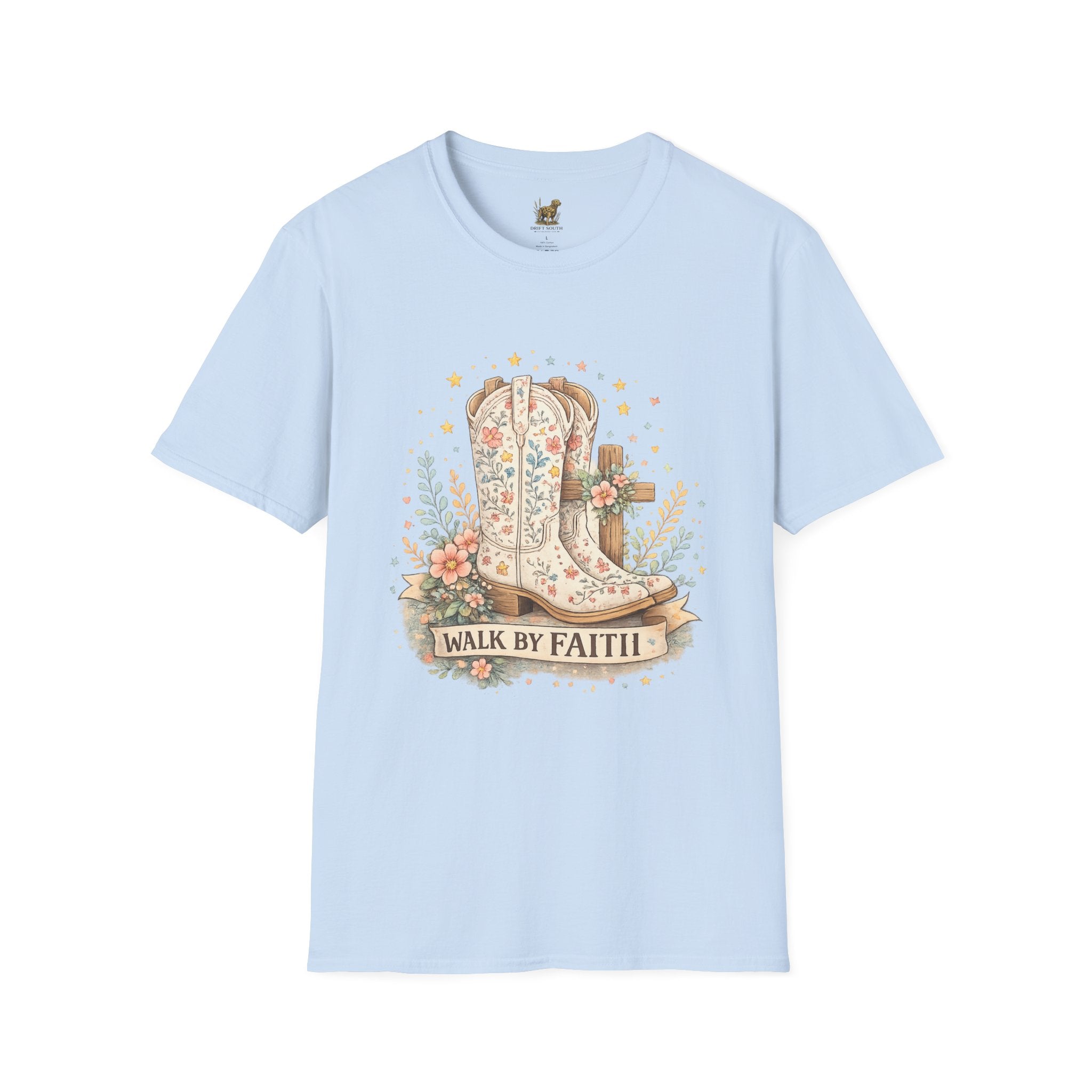 Faith Walk Graphic T-Shirt — Floral Cowboy Boots & Cross Design