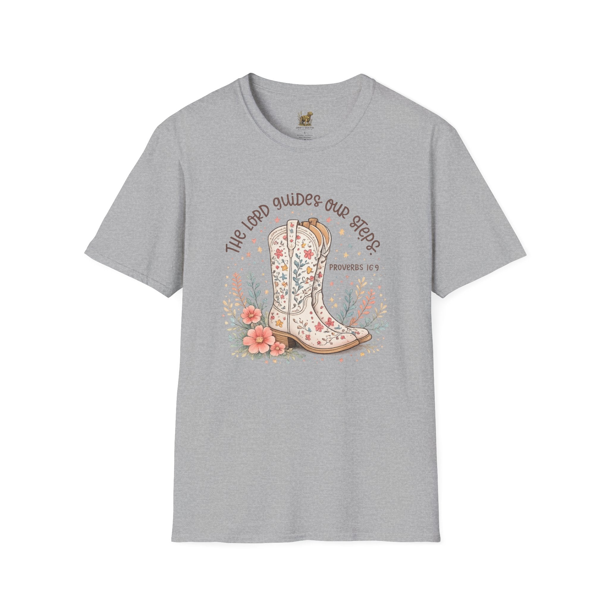 Christian Cowboy Boot T-Shirt — “The Lord Guides Our Steps” Floral Western Tee