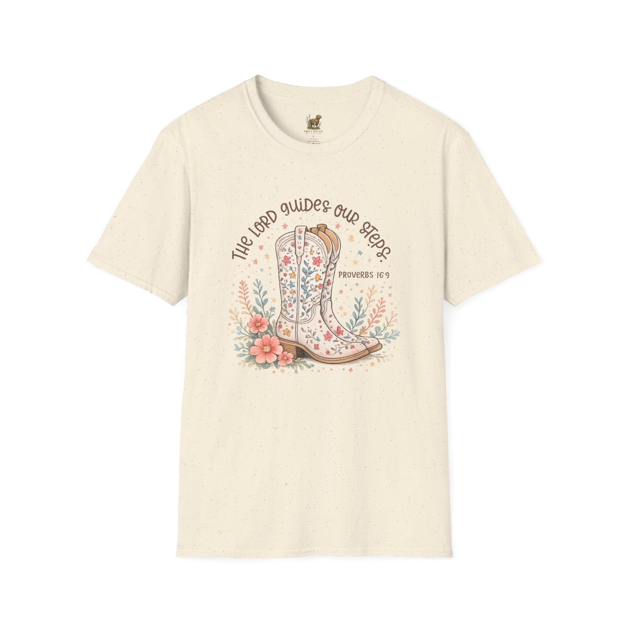 Christian Cowboy Boot T-Shirt — “The Lord Guides Our Steps” Floral Western Tee
