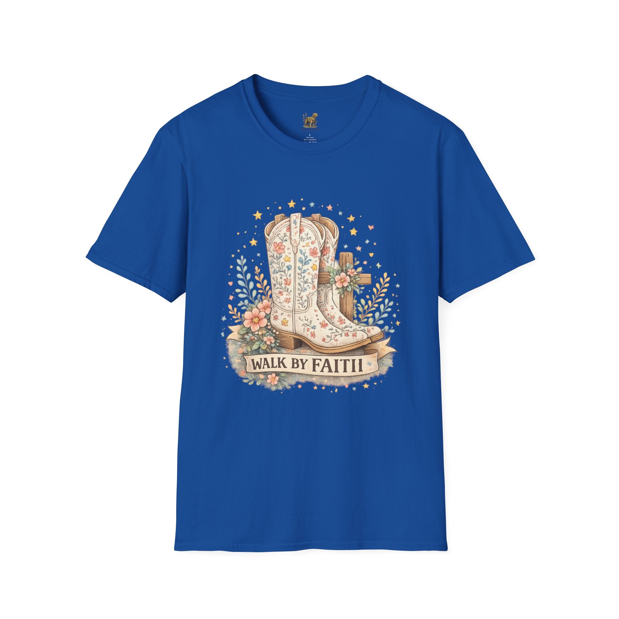 Faith Walk Graphic T-Shirt — Floral Cowboy Boots & Cross Design