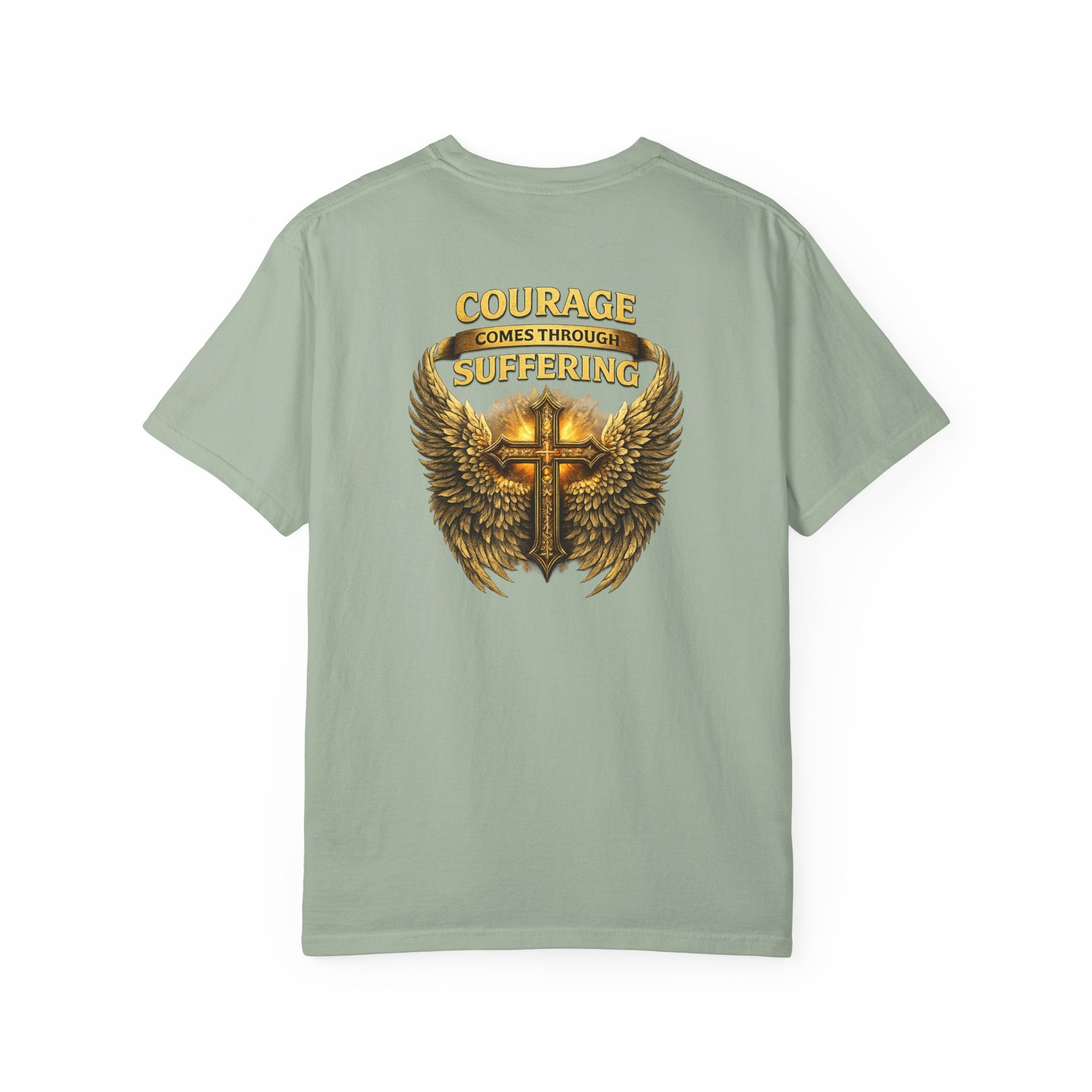 Courage Comes Through Suffering Christian Shirt – Cross & Angel Wings Tee