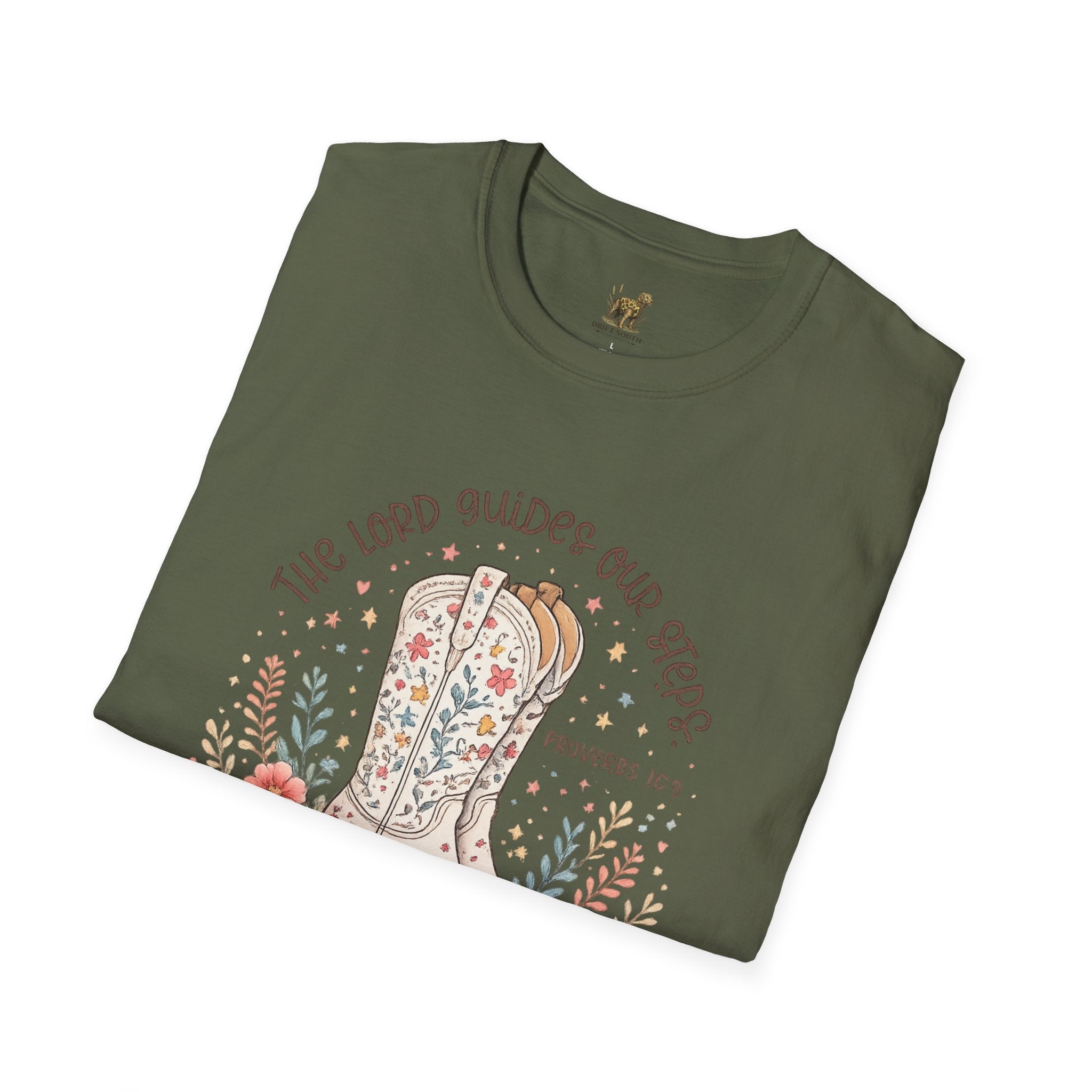 Christian Cowboy Boot T-Shirt — “The Lord Guides Our Steps” Floral Western Tee