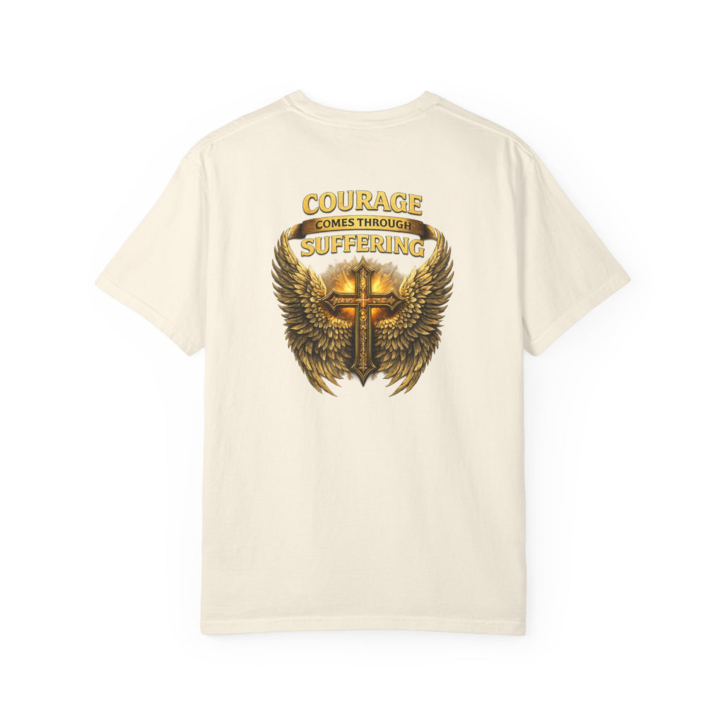 Courage Comes Through Suffering Christian Shirt – Cross & Angel Wings Tee