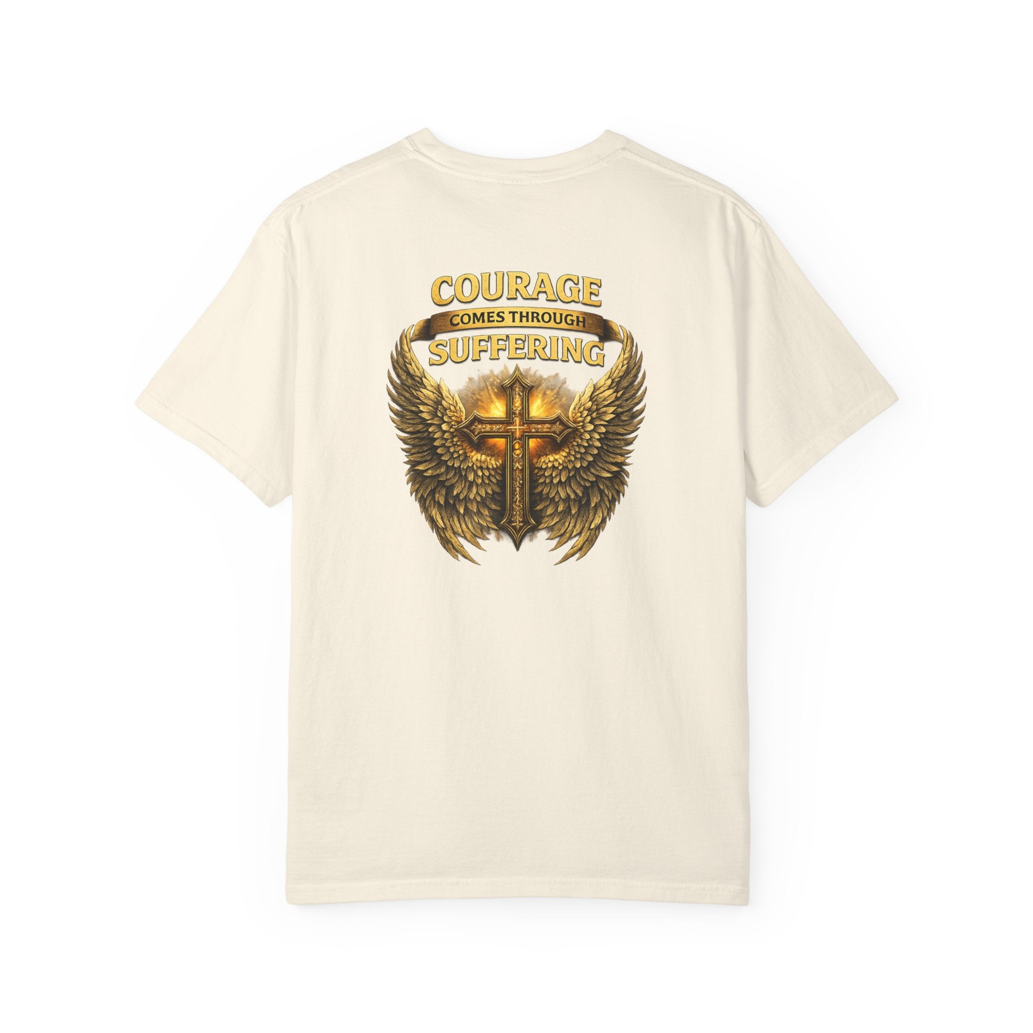 Courage Comes Through Suffering Christian Shirt – Cross & Angel Wings Tee