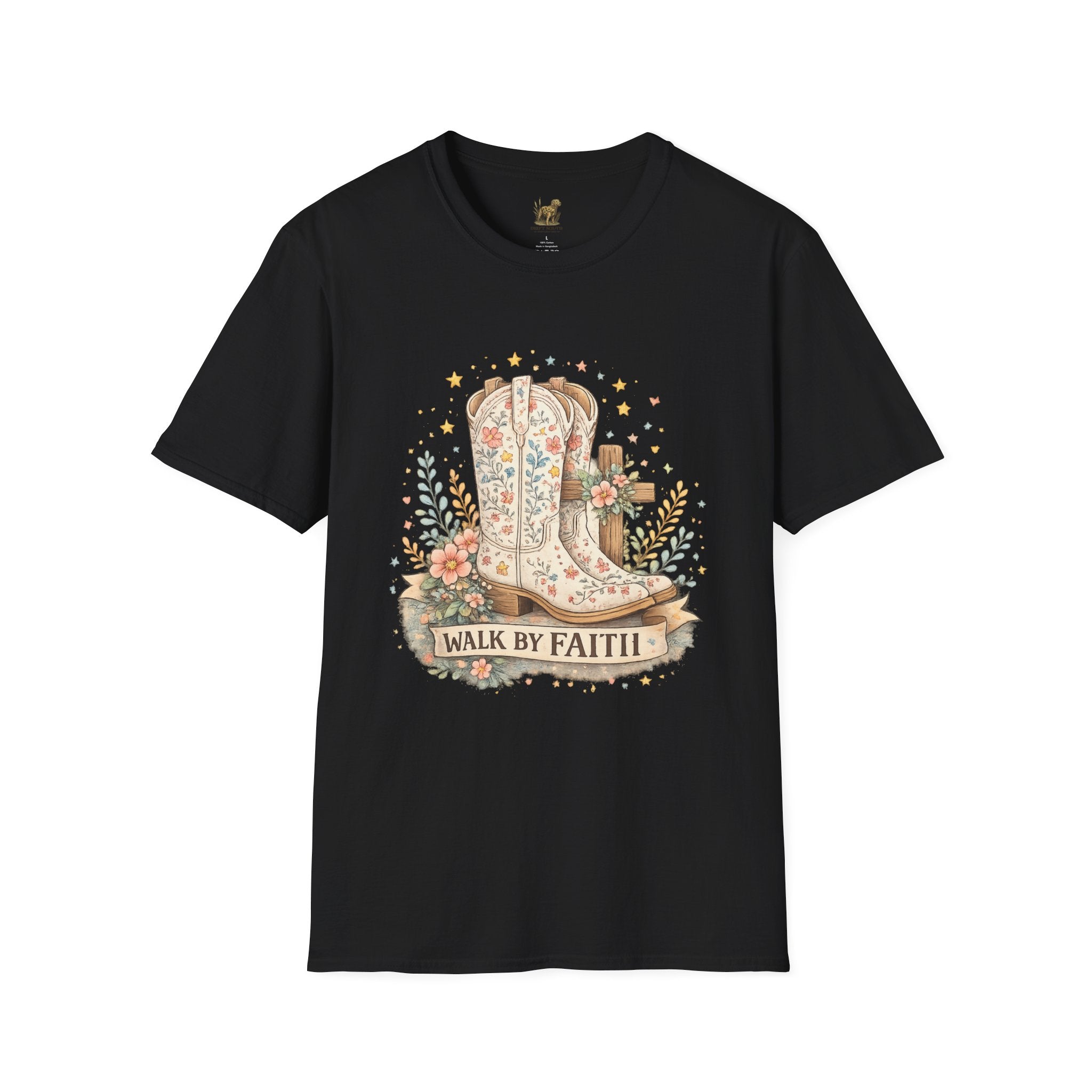 Faith Walk Graphic T-Shirt — Floral Cowboy Boots & Cross Design
