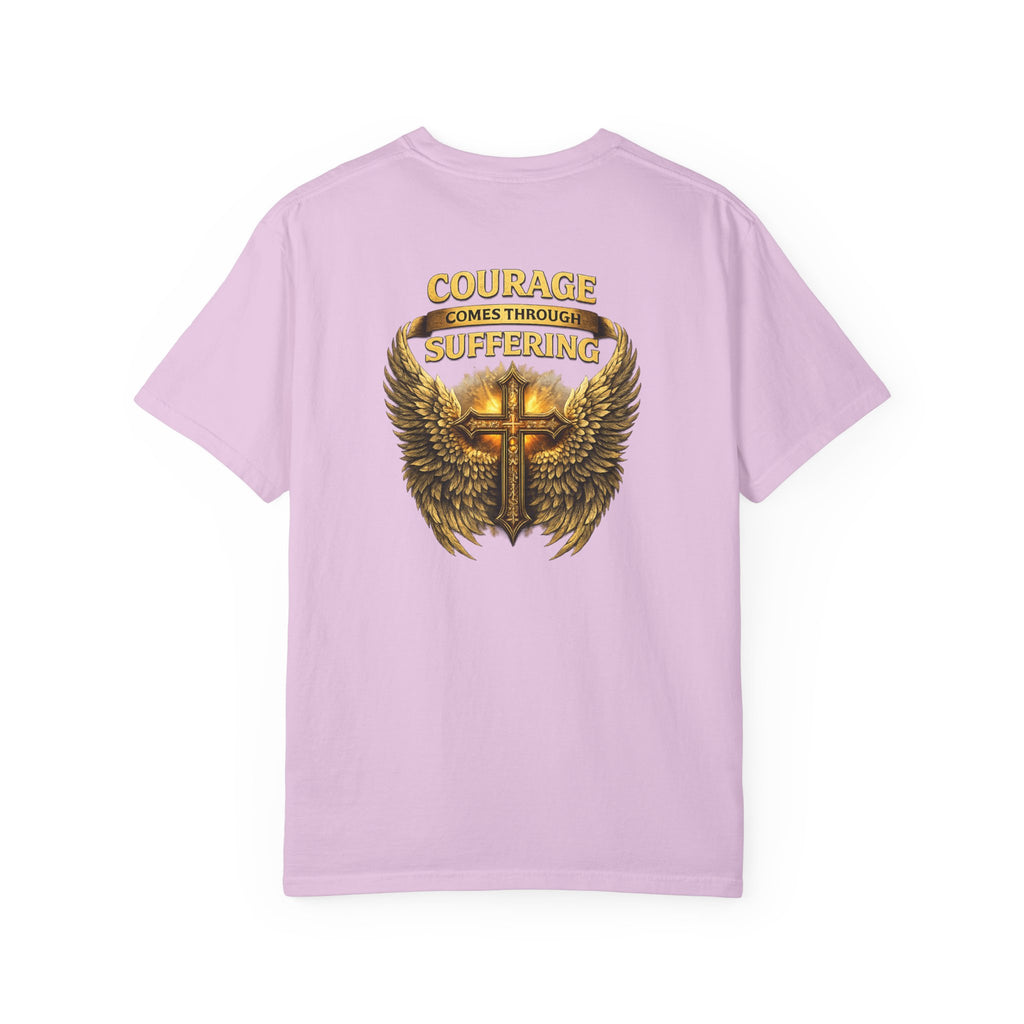 Courage Comes Through Suffering Christian Shirt – Cross & Angel Wings Tee