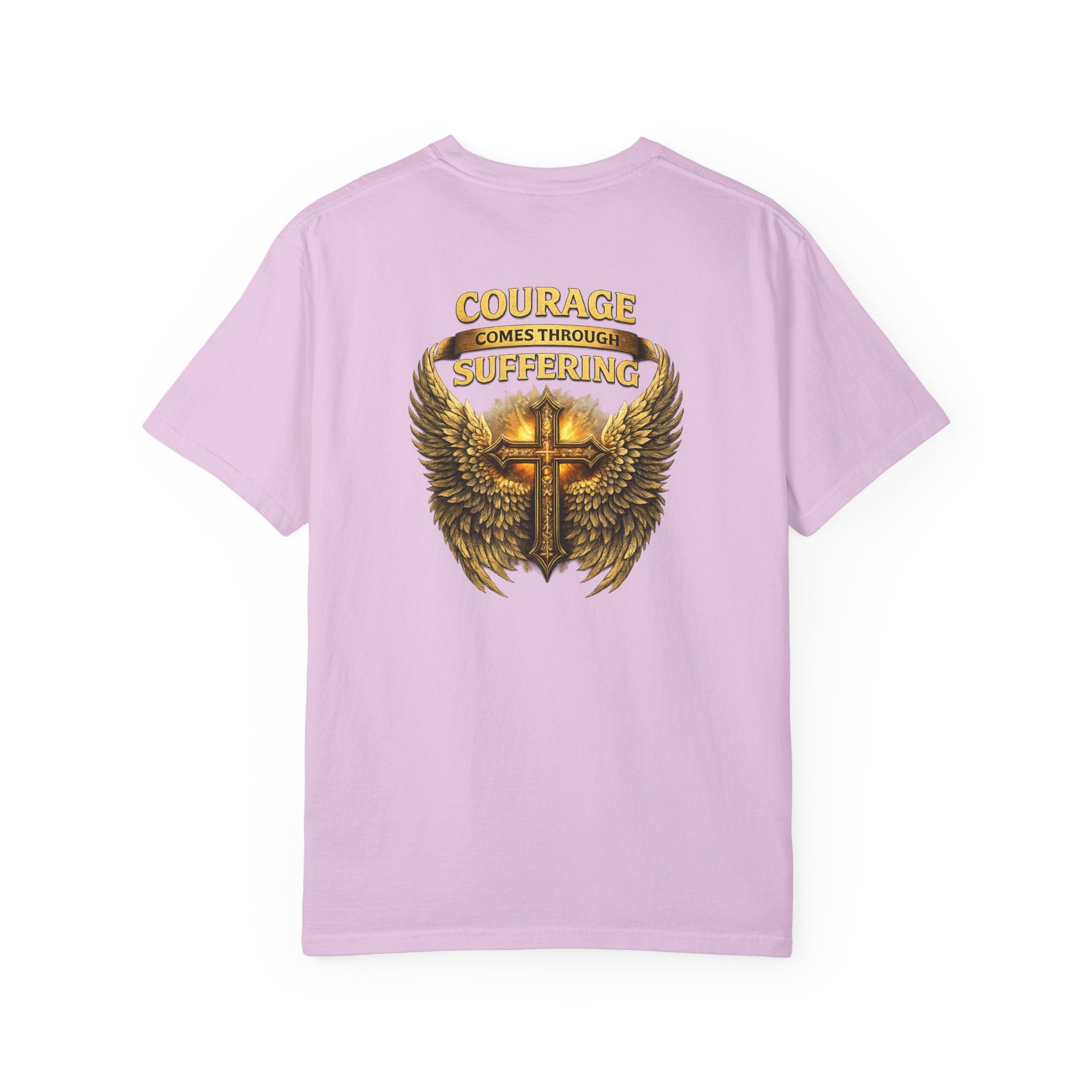 Courage Comes Through Suffering Christian Shirt – Cross & Angel Wings Tee